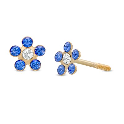 Child's Blue and White Crystal Flower Stud Earrings in 14K Gold