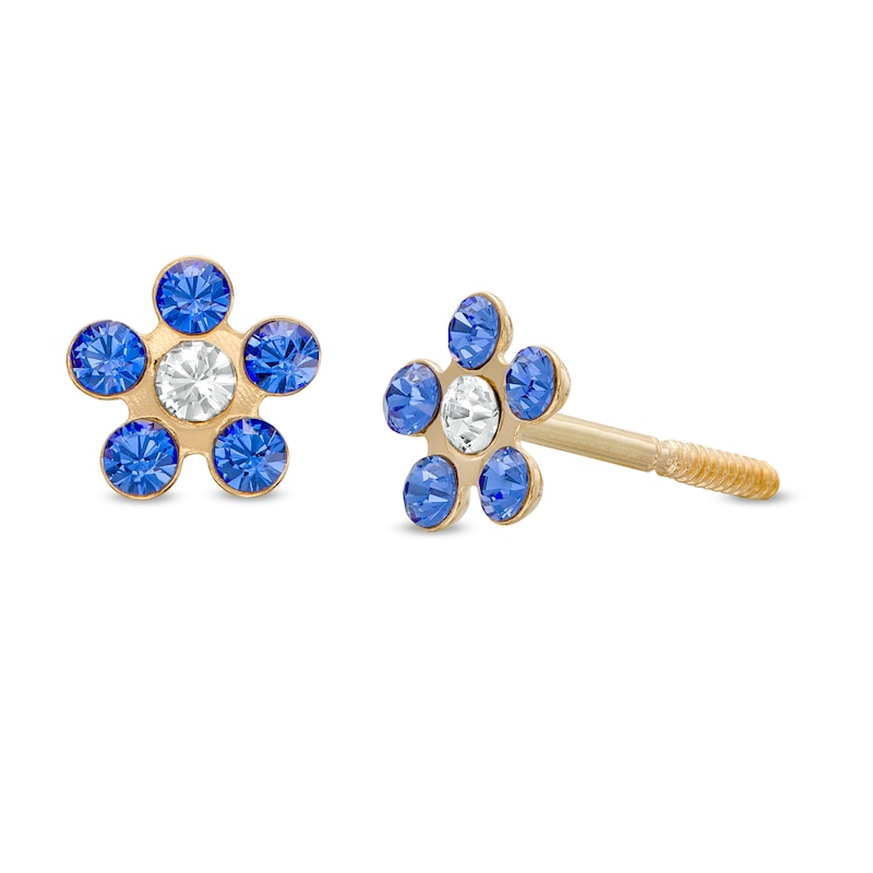 Child's Blue and White Crystal Flower Stud Earrings in 14K Gold
