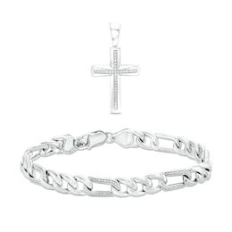 Men's 0.31 CT. T.W. Diamond Cross Necklace Charm and Bracelet Set in Sterling Silver – 8.5&quot;