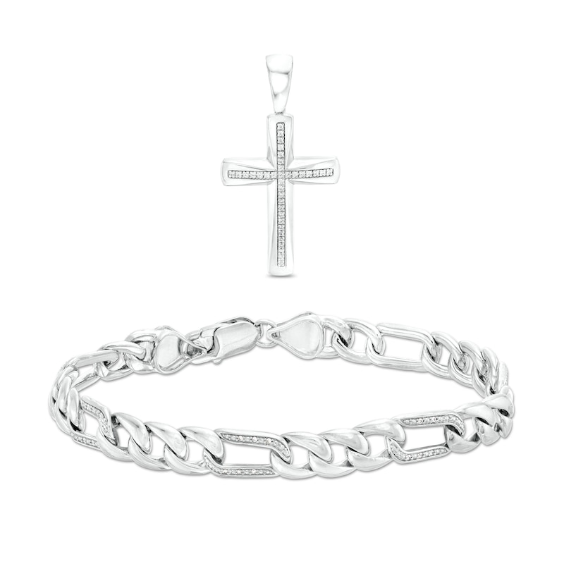 Men's 0.31 CT. T.W. Diamond Cross Necklace Charm and Bracelet Set in Sterling Silver – 8.5"|Peoples Jewellers