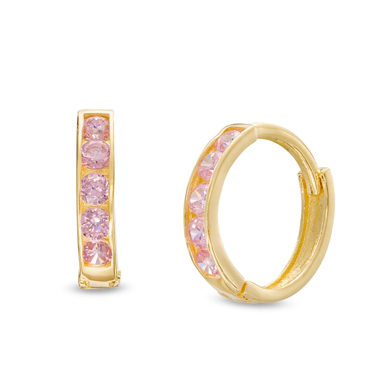Main Image 1 of Child's Pink Cubic Zirconia Five Stone Huggie Hoop Earrings in 14K Gold