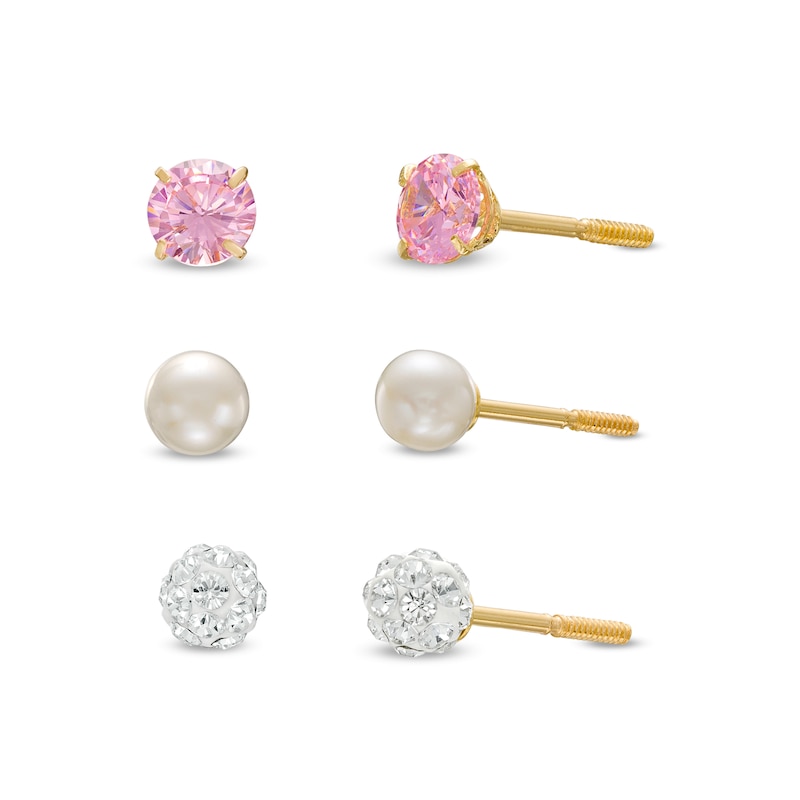 Child's Cultured Freshwater Pearl and Multi-Colour Cubic Zirconia Three Piece Stud Earrings Set in 14K Gold|Peoples Jewellers