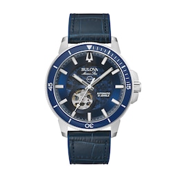 Men's Bulova Marine Star Automatic Leather Strap Watch with Blue Skeleton Dial (Model: 96A291)
