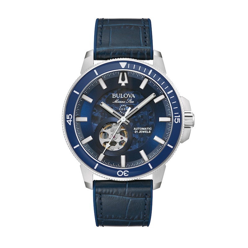 Men's Bulova Marine Star Automatic Leather Strap Watch with Blue Skeleton Dial (Model: 96A291)|Peoples Jewellers