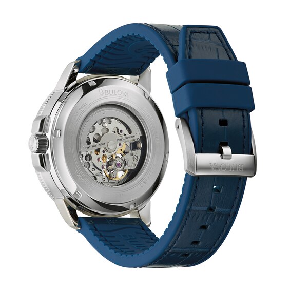 Men's Bulova Marine Star Automatic Leather Strap Watch with Blue Skeleton Dial (Model: 96A291)