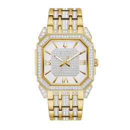Men's Bulova Octava Crystal Gold-Tone Watch with Octagonal White Dial (Model: 98A295)