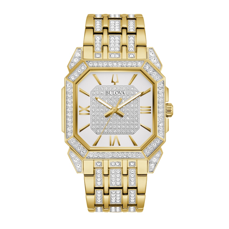 Men's Bulova Octava Crystal Gold-Tone Watch with Octagonal White Dial (Model: 98A295)|Peoples Jewellers