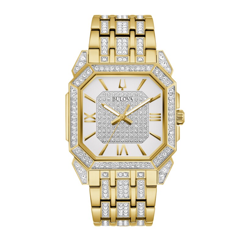 Men's Bulova Octava Crystal Gold-Tone Watch with Octagonal White Dial (Model: 98A295)|Peoples Jewellers