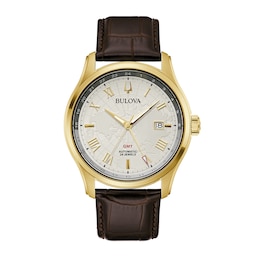 Men's Bulova Wilton Gold-Tone Automatic Brown Leather Strap Watch with White Dial (Model: 97B210)