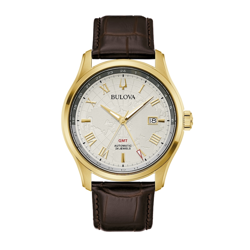 Men's Bulova Wilton Gold-Tone Automatic Brown Leather Strap Watch with White Dial (Model: 97B210)