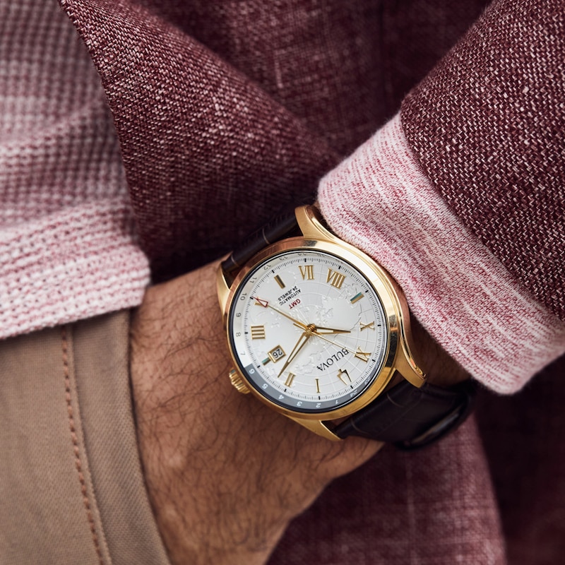 Men's Bulova Wilton Gold-Tone Automatic Brown Leather Strap Watch with White Dial (Model: 97B210)