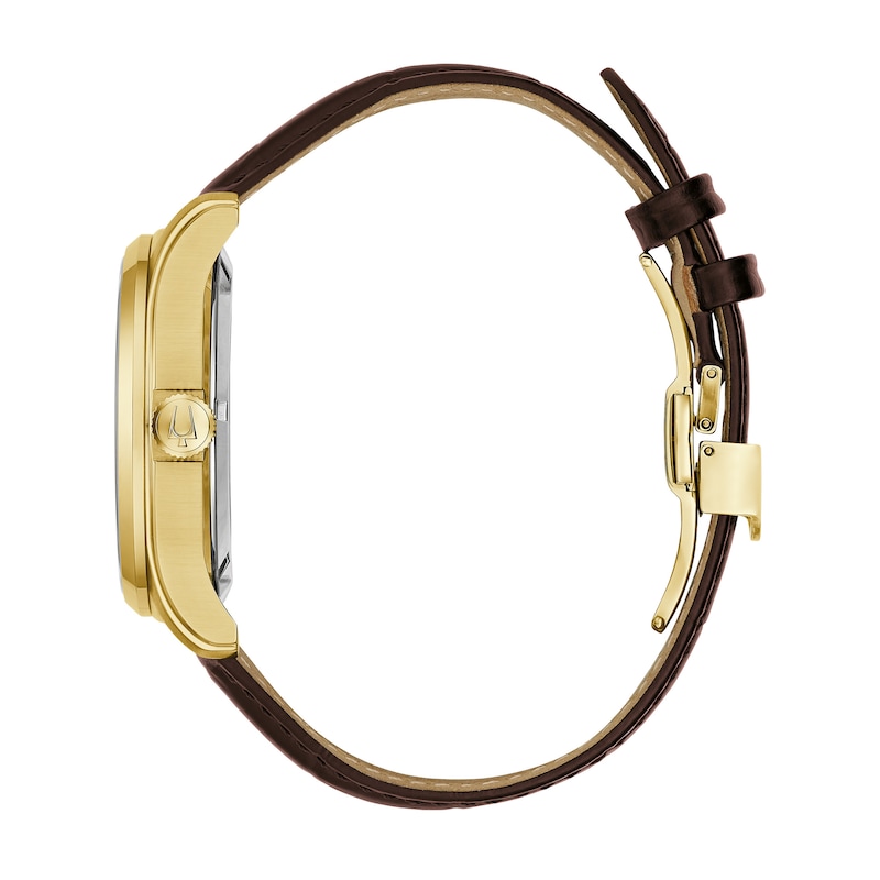 Men's Bulova Wilton Gold-Tone Automatic Brown Leather Strap Watch with White Dial (Model: 97B210)