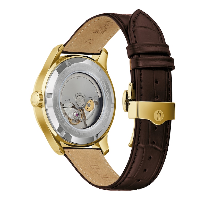 Men's Bulova Wilton Gold-Tone Automatic Brown Leather Strap Watch with White Dial (Model: 97B210)