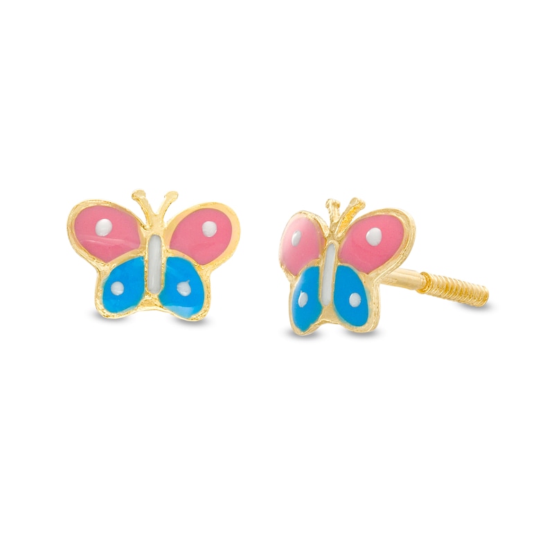 Child's Pink, Blue and White Enamel Butterfly Stud Earrings in 14K Gold|Peoples Jewellers