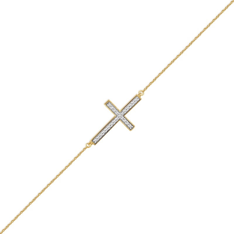 Main Image 1 of 0.12 CT. T.W. Diamond Sideways Cross Bracelet in 10K Gold - 7.25"