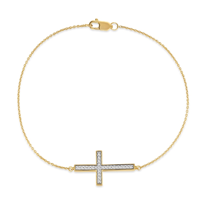 Main Image 2 of 0.12 CT. T.W. Diamond Sideways Cross Bracelet in 10K Gold - 7.25"