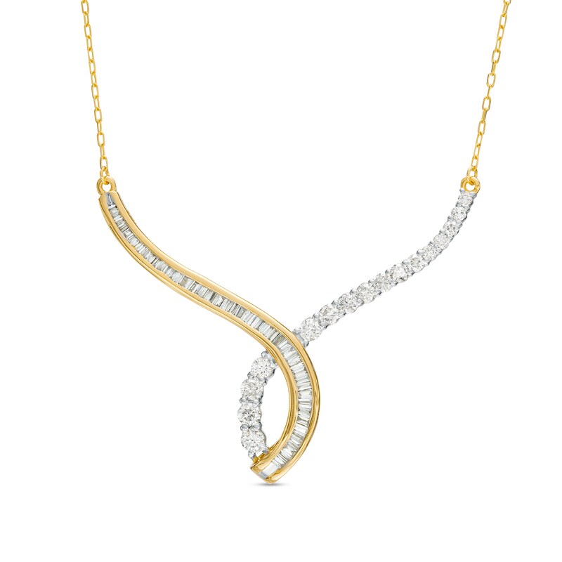 Main Image 1 of 1.00 CT. T.W. Baguette and Round Diamond Twisted Curve Necklace in 10K Gold