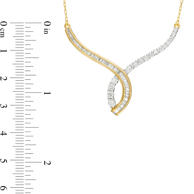 Main Image 3 of 1.00 CT. T.W. Baguette and Round Diamond Twisted Curve Necklace in 10K Gold