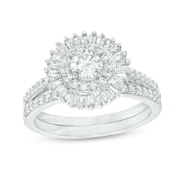 0.95 CT. T.W. Baguette and Round Diamond Double Frame Bridal Set in 10K White Gold