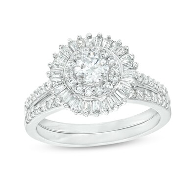 0.95 CT. T.W. Baguette and Round Diamond Double Frame Bridal Set in 10K Gold