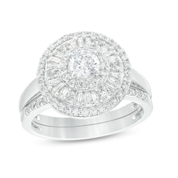 0.95 CT. T.W. Baguette and Round Diamond Triple Frame Bridal Set in 10K White Gold