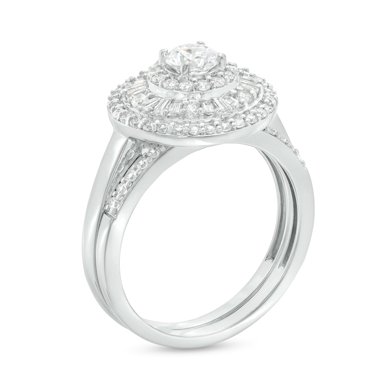 0.95 CT. T.W. Baguette and Round Diamond Triple Frame Bridal Set in 10K White Gold