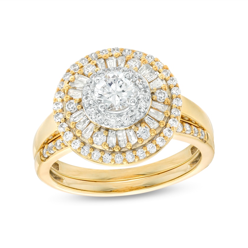 0.95 CT. T.W. Baguette and Round Diamond Triple Frame Bridal Set in 10K Gold