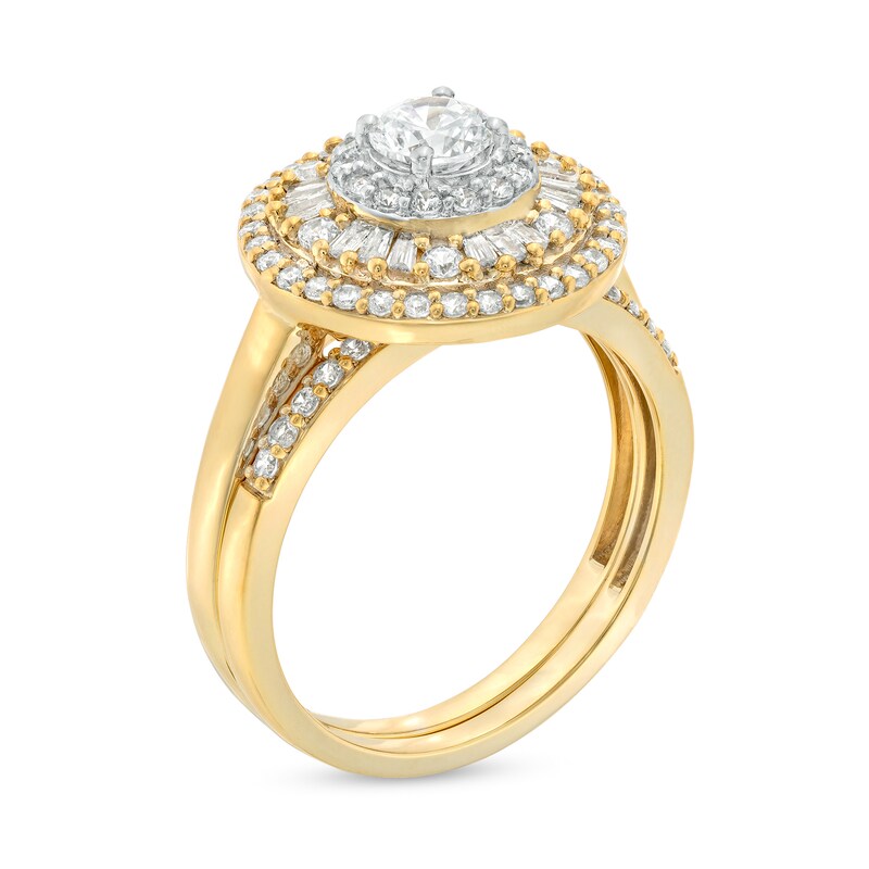 0.95 CT. T.W. Baguette and Round Diamond Triple Frame Bridal Set in 10K Gold