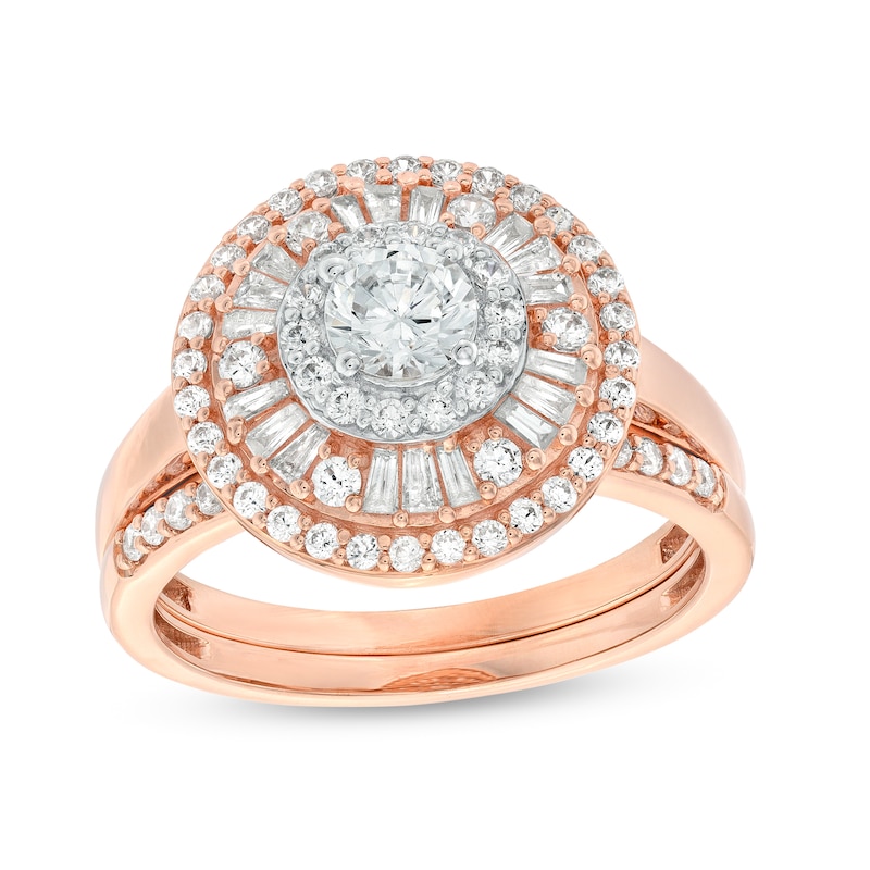 0.95 CT. T.W. Baguette and Round Diamond Triple Frame Bridal Set in 10K Rose Gold