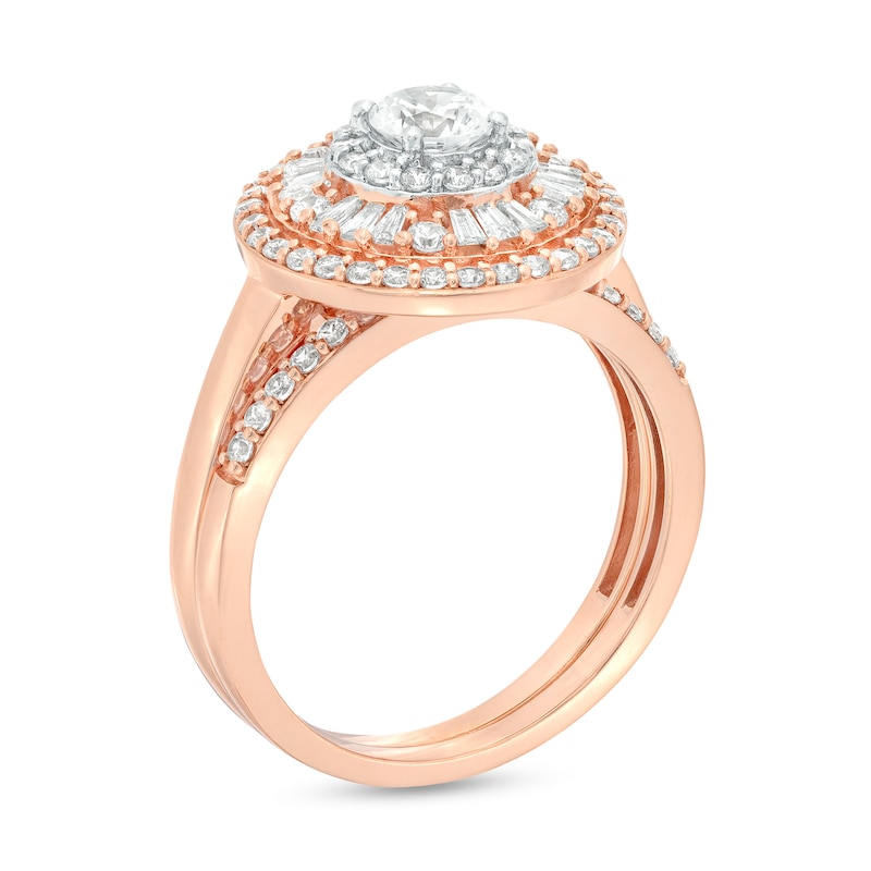 0.95 CT. T.W. Baguette and Round Diamond Triple Frame Bridal Set in 10K Rose Gold