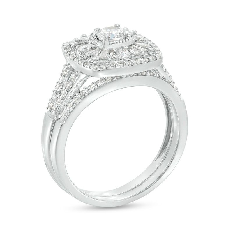 0.95 CT. T.W. Diamond Baguette and Round Double Cushion Frame Split Shank Bridal Set in 10K White Gold