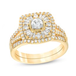 0.95 CT. T.W. Diamond Baguette and Round Double Cushion Frame Split Shank Bridal Set in 10K Gold