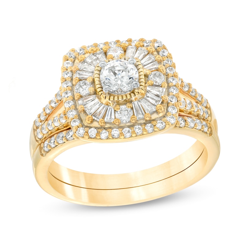 0.95 CT. T.W. Diamond Baguette and Round Double Cushion Frame Split Shank Bridal Set in 10K Gold