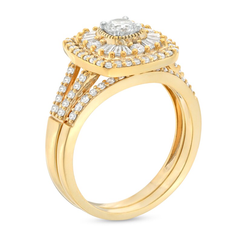 0.95 CT. T.W. Diamond Baguette and Round Double Cushion Frame Split Shank Bridal Set in 10K Gold
