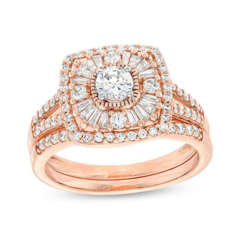 0.95 CT. T.W. Diamond Baguette and Round Double Cushion Frame Split Shank Bridal Set in 10K Rose Gold