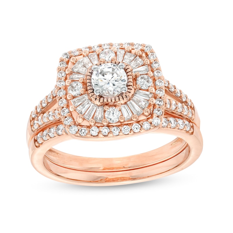 Main Image 1 of 0.95 CT. T.W. Diamond Baguette and Round Double Cushion Frame Split Shank Bridal Set in 10K Rose Gold