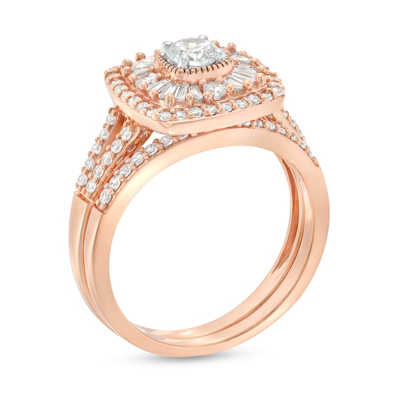 Main Image 3 of 0.95 CT. T.W. Diamond Baguette and Round Double Cushion Frame Split Shank Bridal Set in 10K Rose Gold