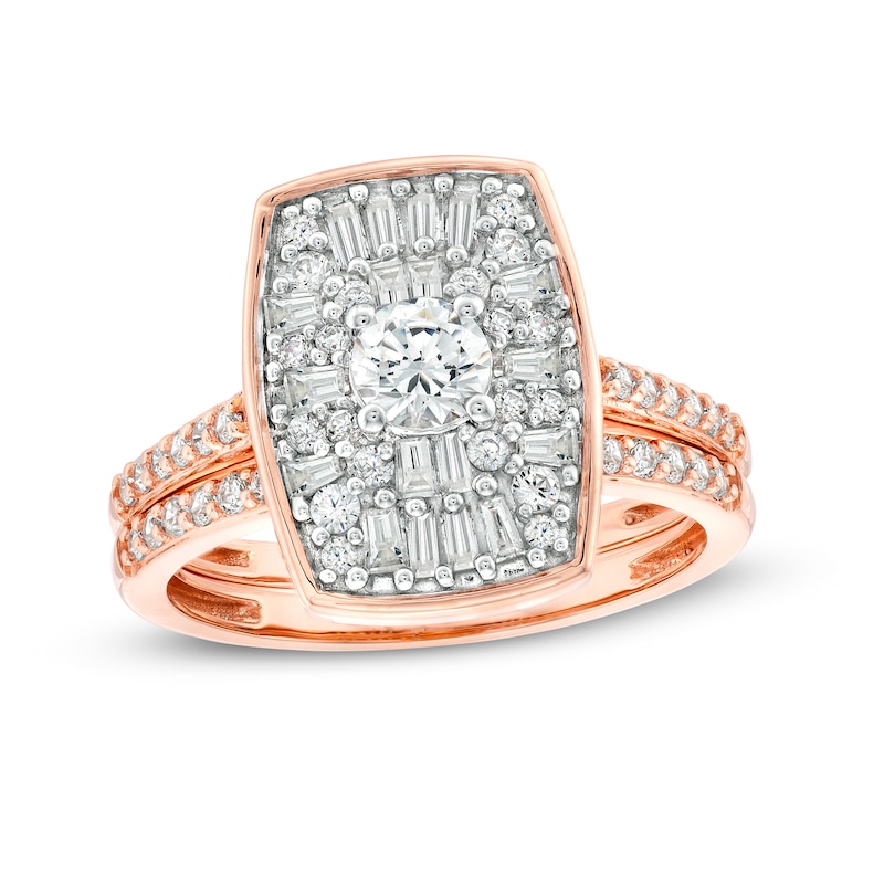 0.95 CT. T.W. Emerald-Shaped Multi-Diamond Bridal Set in 10K Rose Gold