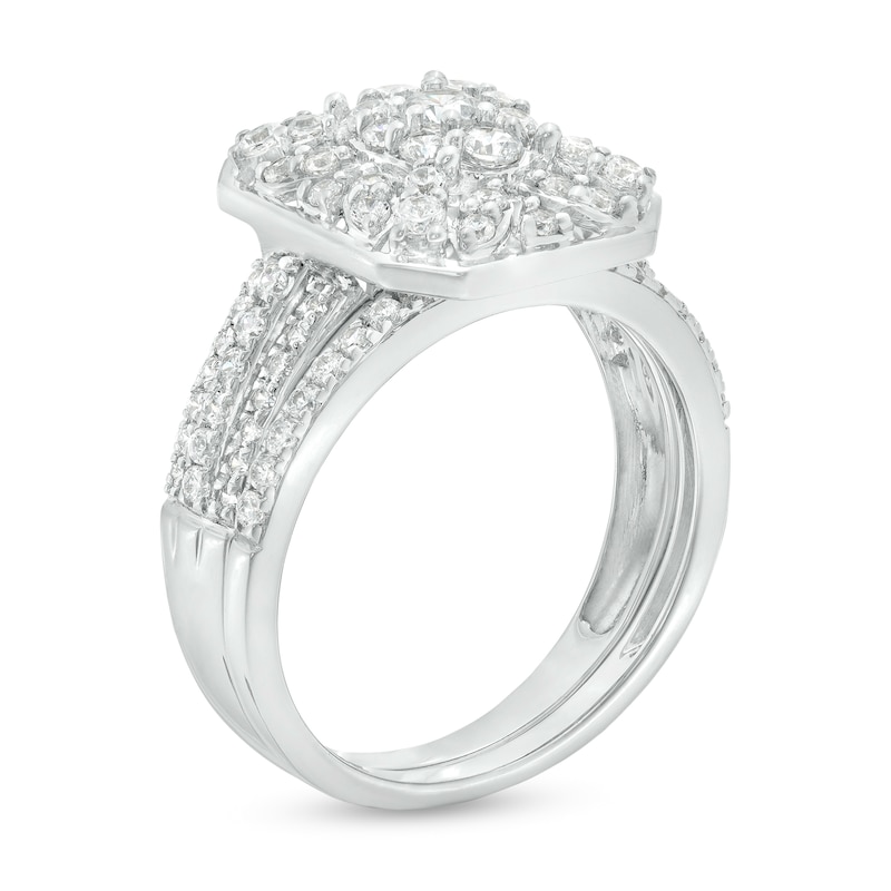 Main Image 3 of 0.95 CT. T.W. Octagonal Multi-Diamond Triple Row Graduated Shank Bridal Set in 10K White Gold