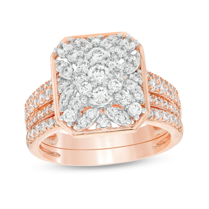 0.95 CT. T.W. Octagonal Multi-Diamond Triple Row Shank Graduated Bridal Set in 10K Rose Gold