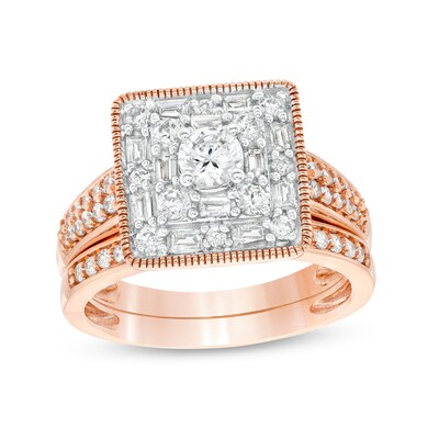 0.95 CT. T.W. Square-Shaped Multi-Diamond Bridal Set in 10K Rose Gold