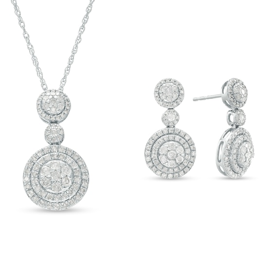 1.69 CT. T.W. Multi-Diamond Double Frame Pendant and Drop Earrings Set in 10K White Gold