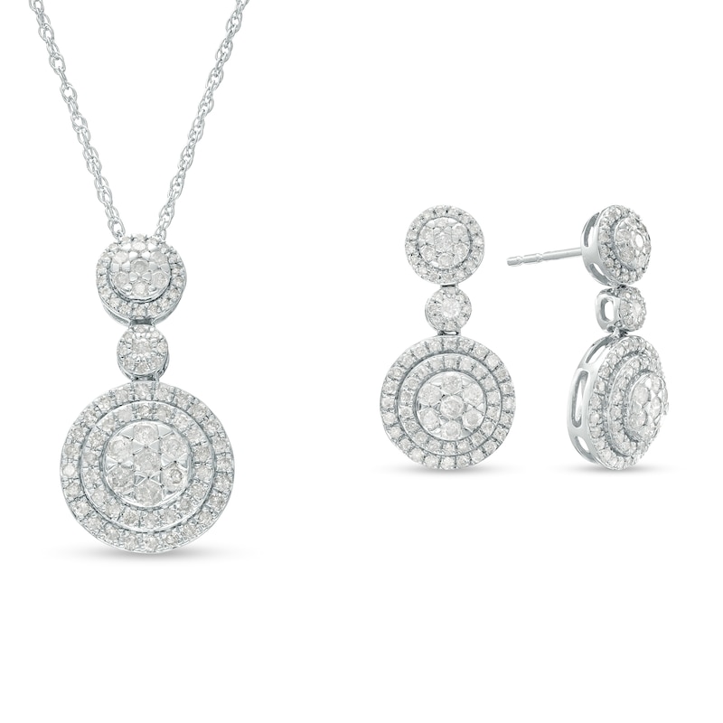 Main Image 1 of 1.69 CT. T.W. Multi-Diamond Double Frame Pendant and Drop Earrings Set in 10K White Gold