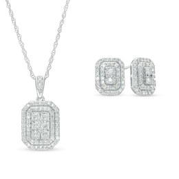 0.94 CT. T.W. Octagonal Multi-Diamond Double Frame Pendant and Stud Earrings Set in 10K White Gold