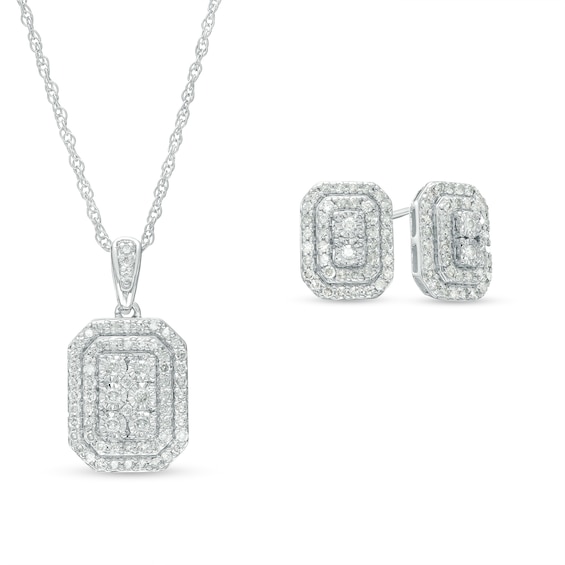 0.94 CT. T.W. Octagonal Multi-Diamond Double Frame Pendant and Stud Earrings Set in 10K White Gold