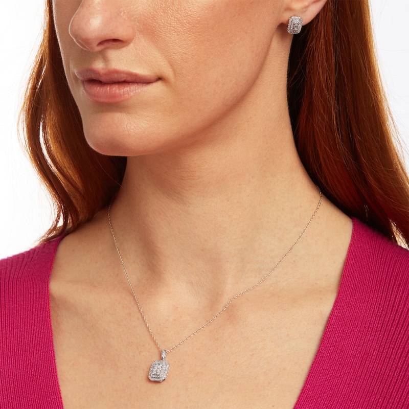 Main Image 2 of 0.94 CT. T.W. Octagonal Multi-Diamond Double Frame Pendant and Stud Earrings Set in 10K White Gold