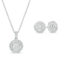 0.61 CT. T.W. Multi-Diamond Double Frame Pendant and Stud Earrings Set in 10K White Gold 