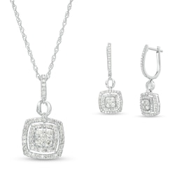1.23 CT. T.W. Cushion-Shaped Multi-Diamond Frame Pendant and Drop Earrings Set in 10K White Gold