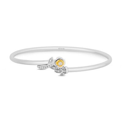 Enchanted Disney Belle 0.145 CT. T.W. Diamond Bypass Flower Bangle in Sterling Silver and 10K Gold