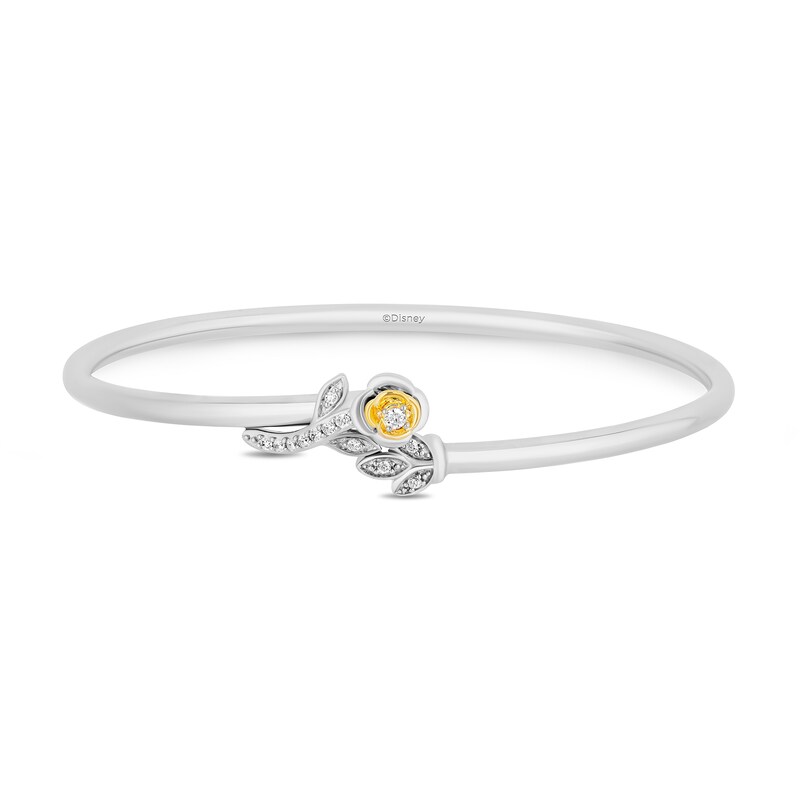 Enchanted Disney Belle 0.145 CT. T.W. Diamond Bypass Flower Bangle in Sterling Silver and 10K Gold